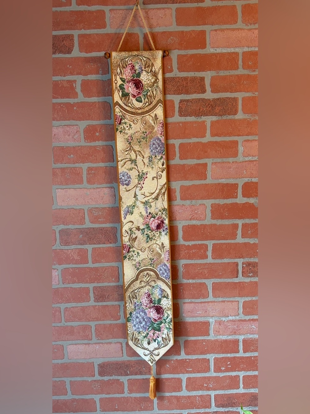 Floral Alfresco Tapestry Bell Pull Wall Hanging Shabby Chic Cottagecore I EUC